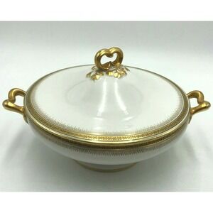 Wm Guerin Co Limoges Round Covered Serving Bowl Dish Gold Scroll Black Flower